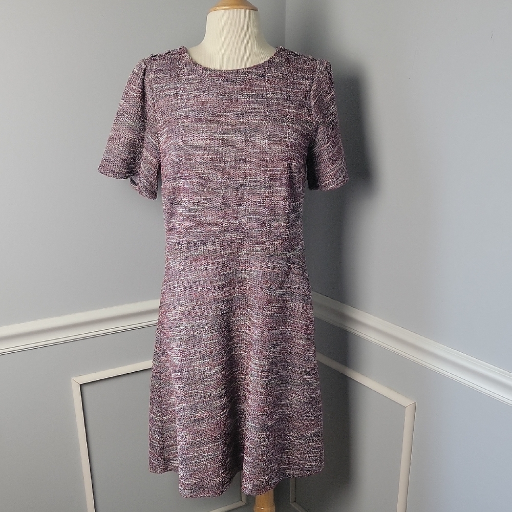 LOFT Black Red Tweed A Line Preppy Classic Puff Short Sleeve Party Office Dress‎